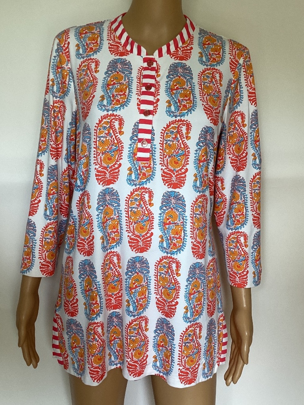 J. Mclaughlin Catalina Cloth 3/4 Sleeve Paisley Striped‎ Trim Tunic Top Sz M